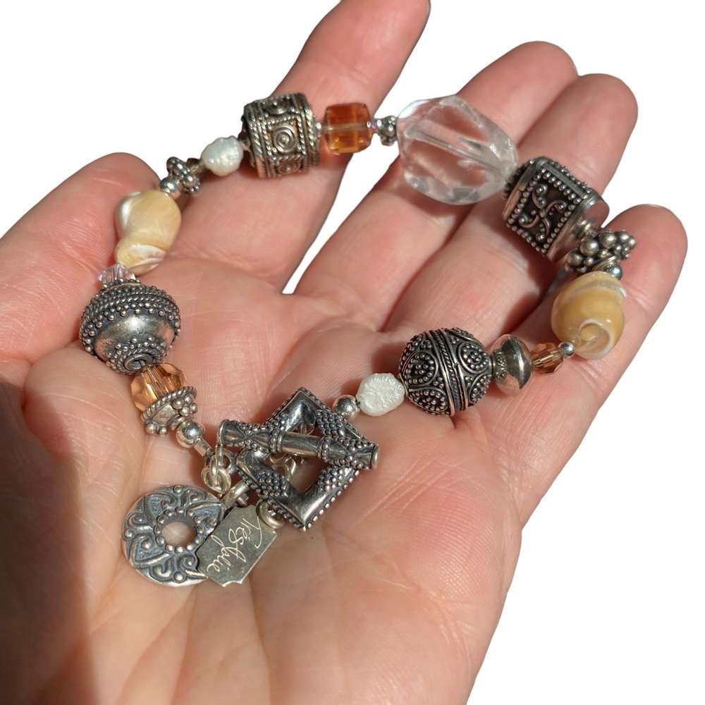 Tres Jolie Sterling Silver Bali Beads Mother of pearl Crystal Toggle Bracelet #2